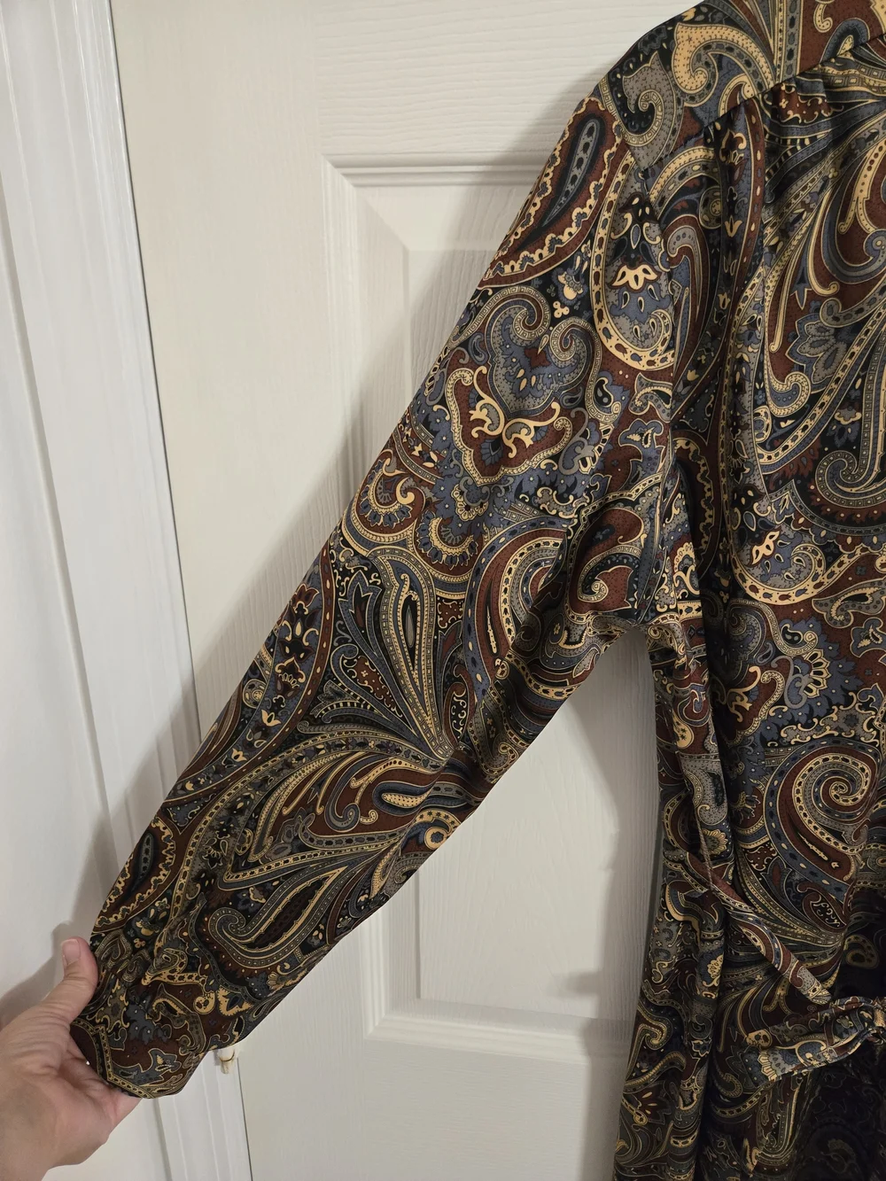 Vintage Brown And Grey Paisley Tie-Neck Long Sleeve Dress  Size 20 Made In USA - Picture 6 of 9